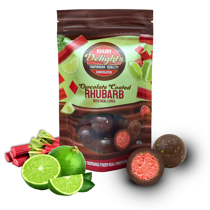 Chocolate Coated Freeze-Dried Rhubarb with Real Limes – 80g - The Online Lolly Shop