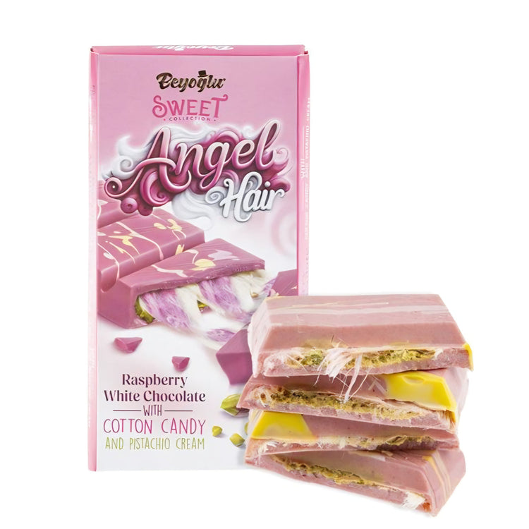 Dubai chocolate- eyoglu Dubaco Angel Hair Raspberry White Chocolate with Cotton Candy & Pistachio Cream 170G - The Online Lolly Shop