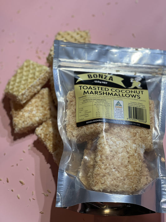 Bonza Snowballs- Toasted Coconut Marshmallows 140g - The Online Lolly Shop